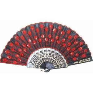  Beautiful Ladys Silk Hand Fan with Red Sequins 