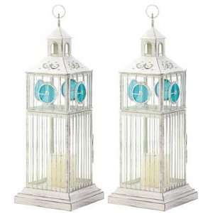  Set of 2 Iron and Glass Clock Tower Candle Holder Lamp 