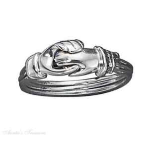  Sterling Silver Three Band Hands Heart Claddagh Ring Size 9 Jewelry