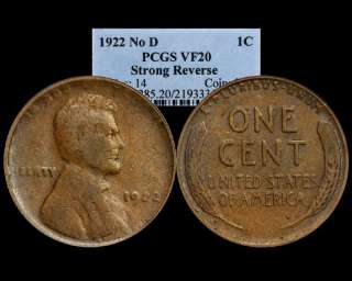 1922 NO D LINCOLN CENT ~ PCGS VF 20 STRONG REVERSE  
