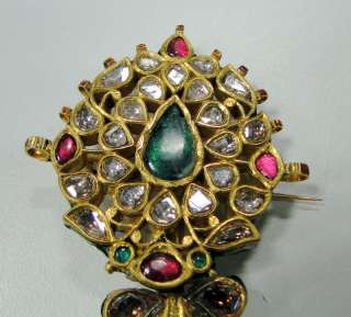 Antique Royal Diamond Ruby Emerald Gold Maharaja turban pin pendant 