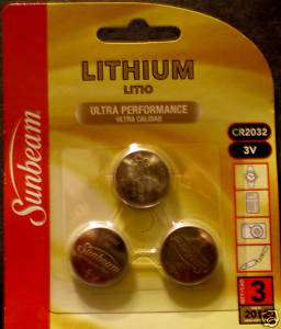 CR2032 Lithium Sunbeam 3V Button Battery 3 Pack NIB  