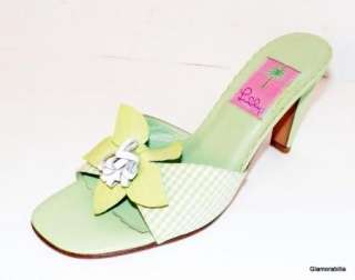 166 LILLY PULITZER Green Gingham w Leather Flower Accent Slide Sandal 