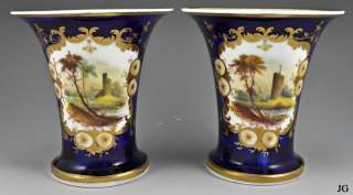 Pair Hand Painted Antique English Vases Country Scene  