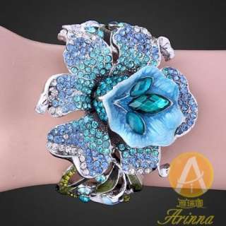 Arinna Blue Swarovski Crystal Flower Hinged Bangle Cuff  