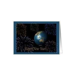  Earth and Fireworks, New Year Greetings Card Health 
