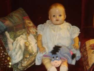 VINTAGE 1940s BIG HAUNTED DOLL APRIL WITH EEYORE PLUSH TOY~NEEDS 