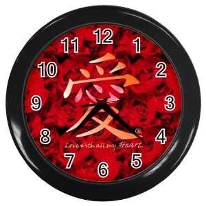 Chinese Love Roses Black Wall Clock