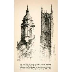  1950 Print St Philip All Saints Cathedral Tower Birmingham 