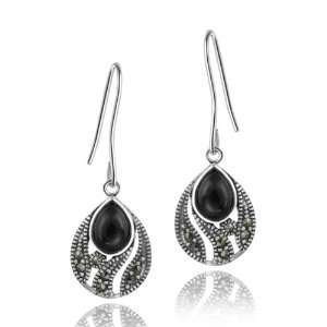    Sterling Silver Onyx & Marcasite Teardrop Dangle Earrings Jewelry
