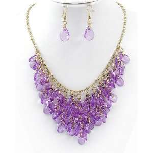  Goldtone Purple Acrylic Necklace and Earrings Set Jewelry