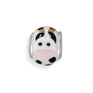  Sterling Black White Glass Cow Story Bead Charm Pink Mouth 