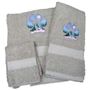  Embroidered Wolf Paw on Sage Green Wash Hand Bath Towels 