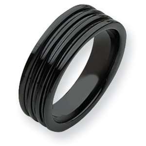 Ceramic Black Grooved 7mm Polished Comfort Fit Wedding Band Ring (Size 