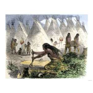 Native American Women Curing Buffalo Hides in a Tepee Village Premium 