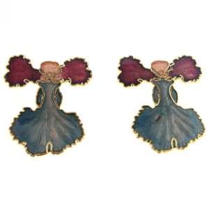 Gold Plated Red and Light Blue Orchid Clisonne Earrings   27mm Length 