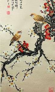 SCROLL SILK BIRD CHERRY BLOSSOM Asian Home Decor Gift  