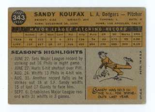 You are bidding on a vintage 1960 Topps SANDY KOUFAX #343 in VG/EX 