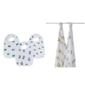  Aden and Anais 2 Pk Swaddle Blanket and Snap Bib Jungle 