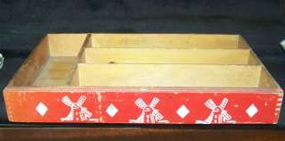   Red Paint Windmills Knife Cutlery Wooden Box Tray Country 1940s  