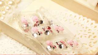 24 PCS Japanese Pre design 3D Rose Glitter Diamond White False Nail 