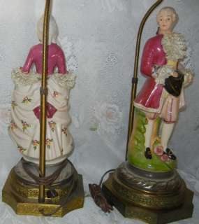 Pair Original 19th c Victorian FIGURAL LAMP GERMAN LACE  
