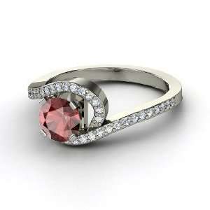  Wave Ring, Round Red Garnet 14K White Gold Ring with 