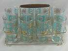   Retro Set Of 8 Drinking Glasses and Wire Rack Holder Caddy Glass