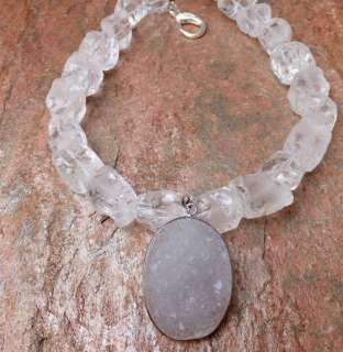 WHITE CLEAR QUARTZ GEODE DRUZY NECKLACE ICY PENDANT GEMSTONE FROSTED 