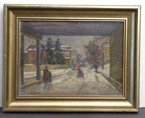 Signed Oil Painting Impressionist Winter Snow St Scene  