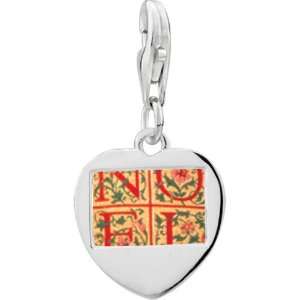   Silver Noel Quilt Square Photo Heart Frame Charm Pugster Jewelry