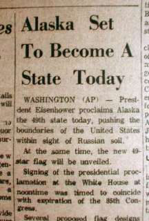 1959 newspaper ALASKA STATEHOOD  becomes the 49th State  