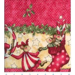   Mice Christmas Mice Border Red Fabric By The Yard Arts, Crafts