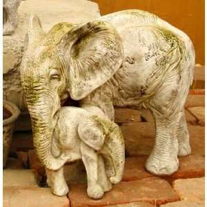 Bull Elephant and Calf Fiber Stone Garden Statue Made in USA