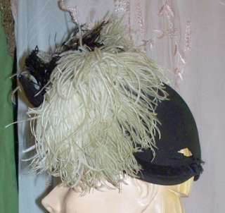 Vintage 1940s Black Felt Tilt Hat with large black and white Feathers 