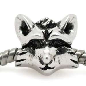 )  Raccoon Face  Antiqued Silver Bead Charm Spacer Pandora Troll 