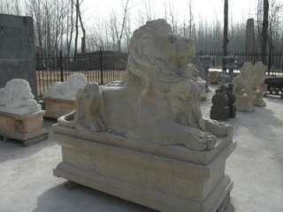LARGE HENAN YELLOW HAND CARVED MARBLE LIONS LION#5  
