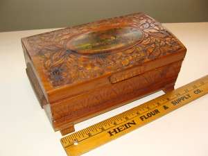 Vintage Wood Cedar Treasure Chest Trinket Jewelry Box w/Mirror  