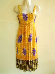 Womens Sundress Summer Cruise Party Smocked Tube Yellow Purple Floral 