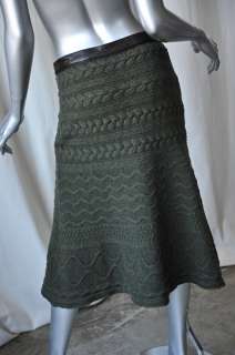 ETRO Green Cable Knit Long 3/4 Skirt Leather Band  