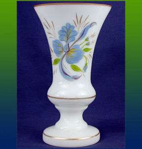 Hand Blown Painted MILK GLASS Vase~Orchids~Gold Accents  