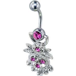 Hot Pink Decorative Heart Gem Belly Button Ring Navel Piercing Bar 