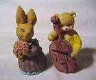miniature 2 tall resin Easter bunny in dress bear with fiddle