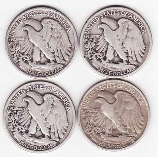 1934 P Walking Liberty Half Dollar Lot (4) 90% Silver $2.00 Face 