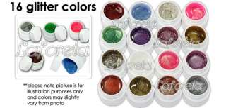 Mix 16 Colors Glitter Dust UV Builder Gel Nail Art Tips  