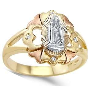 Virgin Mary Lady Guadalupe Ring Cubic Zirconia White Rose Yellow Gold 