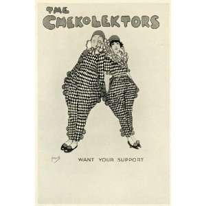 1924 Print John Hassall Here Again Chekolektors Circus Clowns Costume 