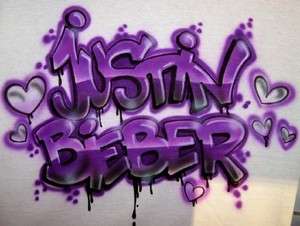 AirbrushJustin Bieber & hearts, Graffiti Style Airbrushed T Shirt 