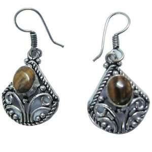  New Silver Plated Tiger Eye Stone Metal Dangle Earring 