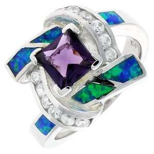 Sterling Silver, Synthetic Opal Inlay Knot Ring, w/ Princess Cut 